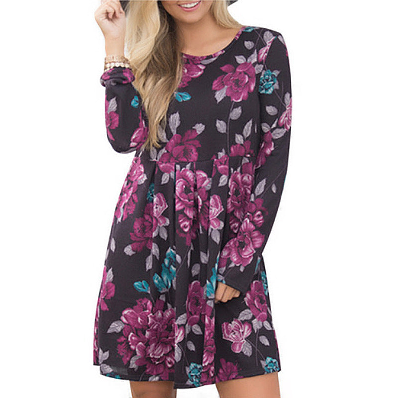 Elegant Floral  A-line Long Sleeve High Waist O-neck Dress