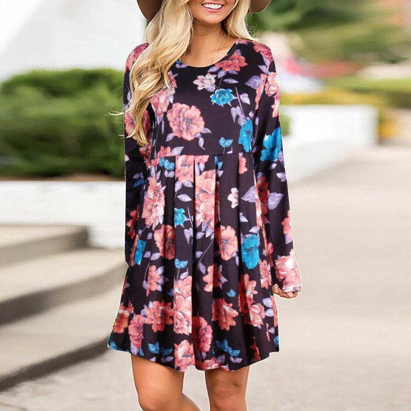 Elegant Floral  A-line Long Sleeve High Waist O-neck Dress