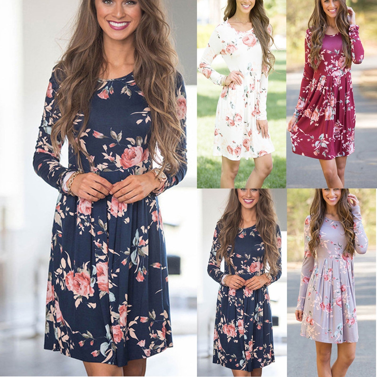 Elegant Floral  A-line Long Sleeve High Waist O-neck Dress