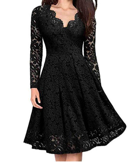 Women Dresses V-Neck Off Shoulder Lace Long Sleeve Evening Party Dress