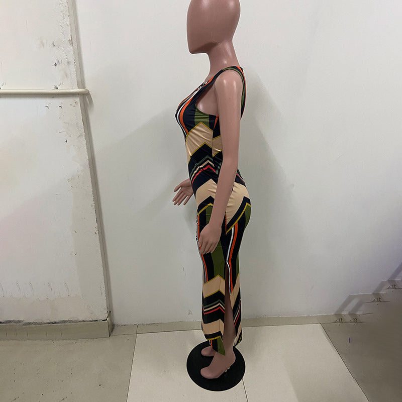 Colorful Striped Print Side Slit Maxi Dress
