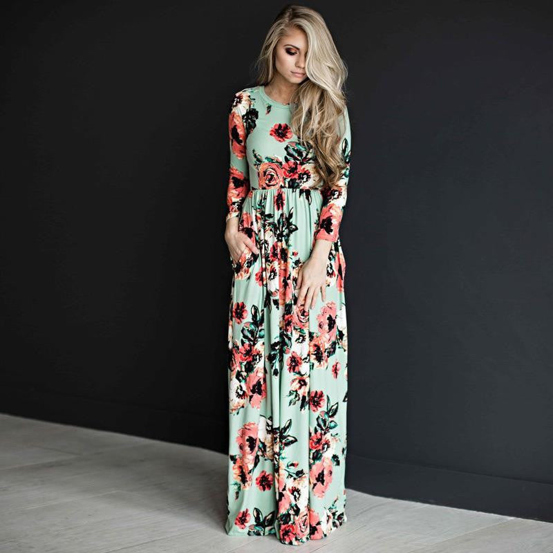 Fashion Dresses Women Printed Party Gown Long Sleeve Dress