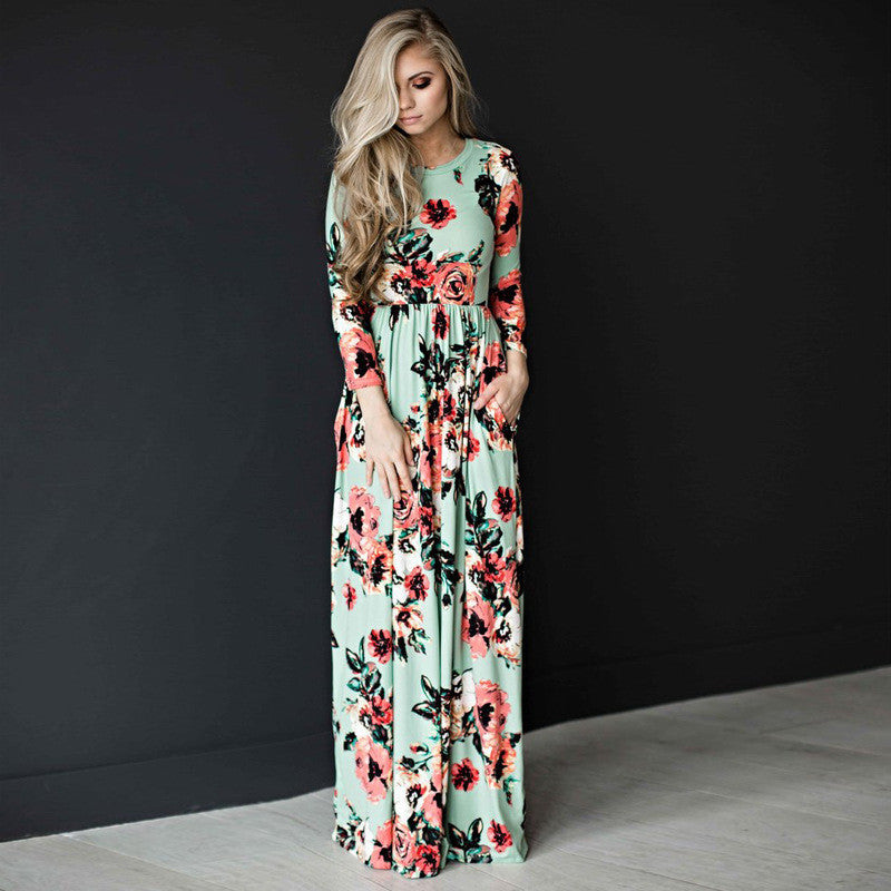 Fashion Dresses Women Printed Party Gown Long Sleeve Dress