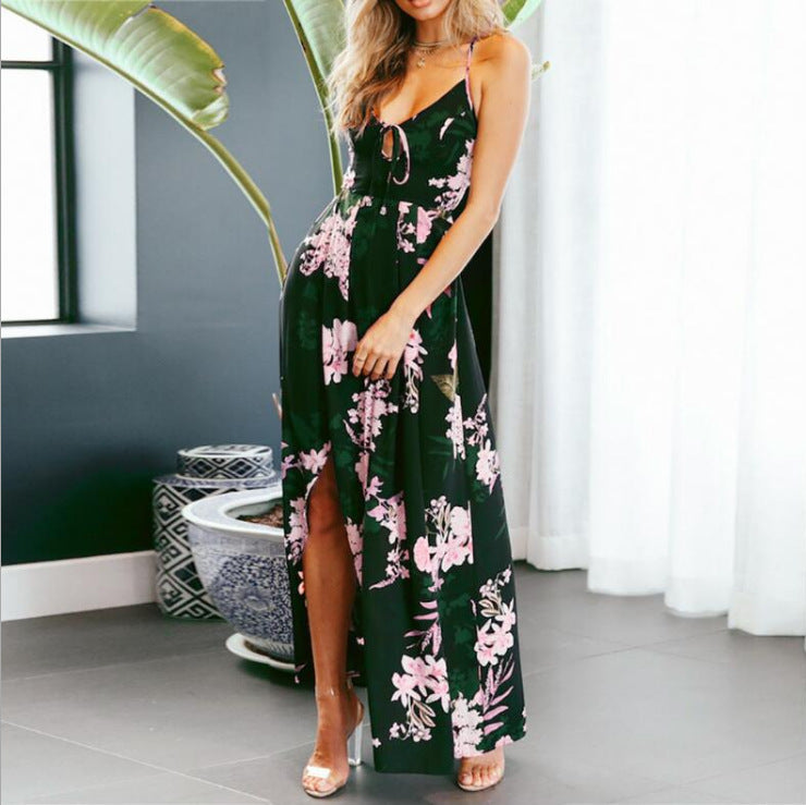 European And American Style Printed Backless Strap Dress