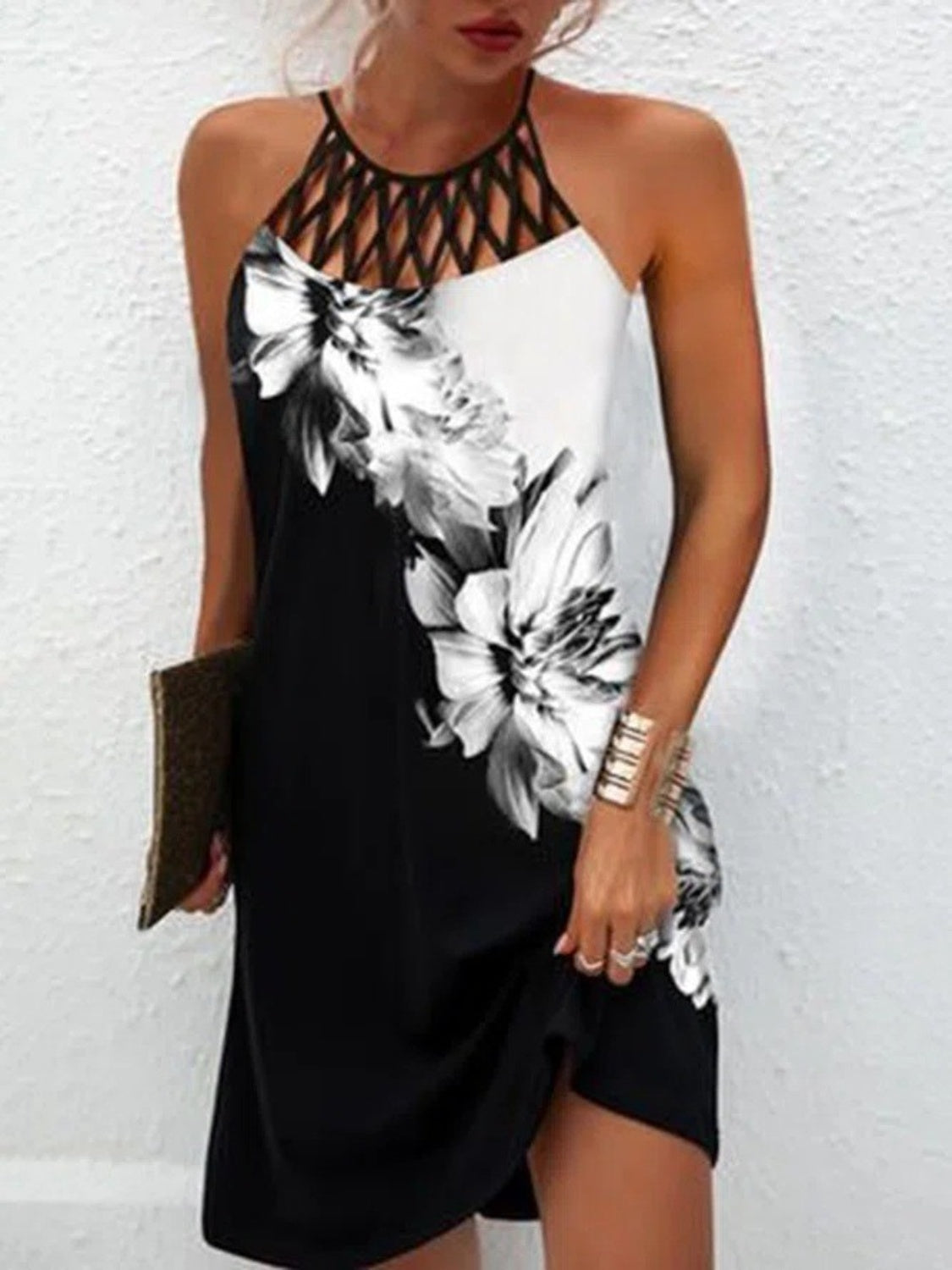 Printed Grecian Neck Mini Dress - Taboochic