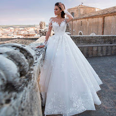 Retro Thin V-neck Long Sleeve Wedding Dress