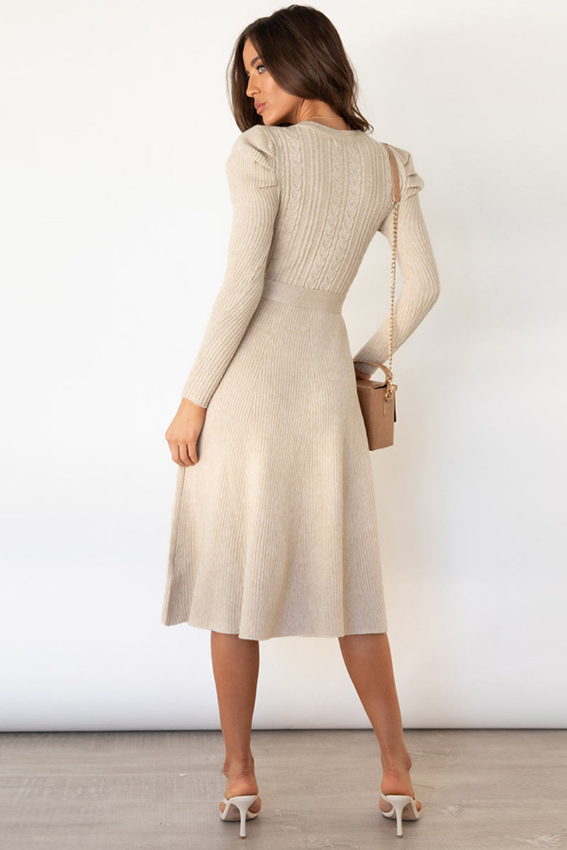 Round Neck Long Sleeve Tie Waist Sweater Dress - Taboochic