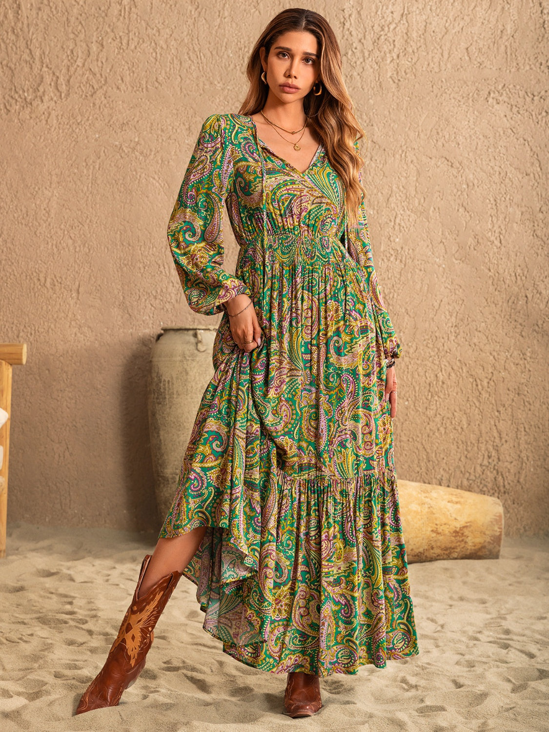 Printed Tie Neck Long Sleeve Dress - Taboochic
