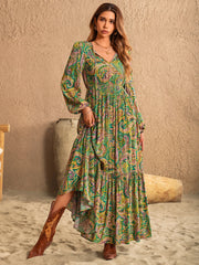 Printed Tie Neck Long Sleeve Dress - Taboochic