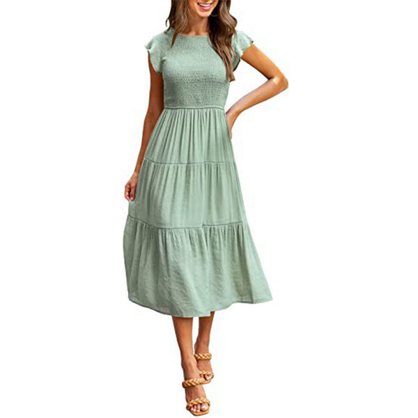 Holiday Style High Waist Ruffled Sleeve A-line Short Sleeve Midi Dress