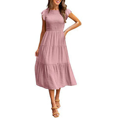 Holiday Style High Waist Ruffled Sleeve A-line Short Sleeve Midi Dress