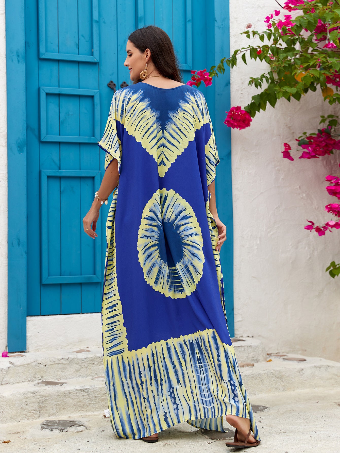 Rayon Printed V-neck Long Skirt Holiday Dress