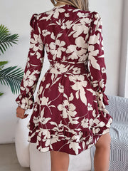 New Floral Printed V-Neck Long Sleeve Mini Dress