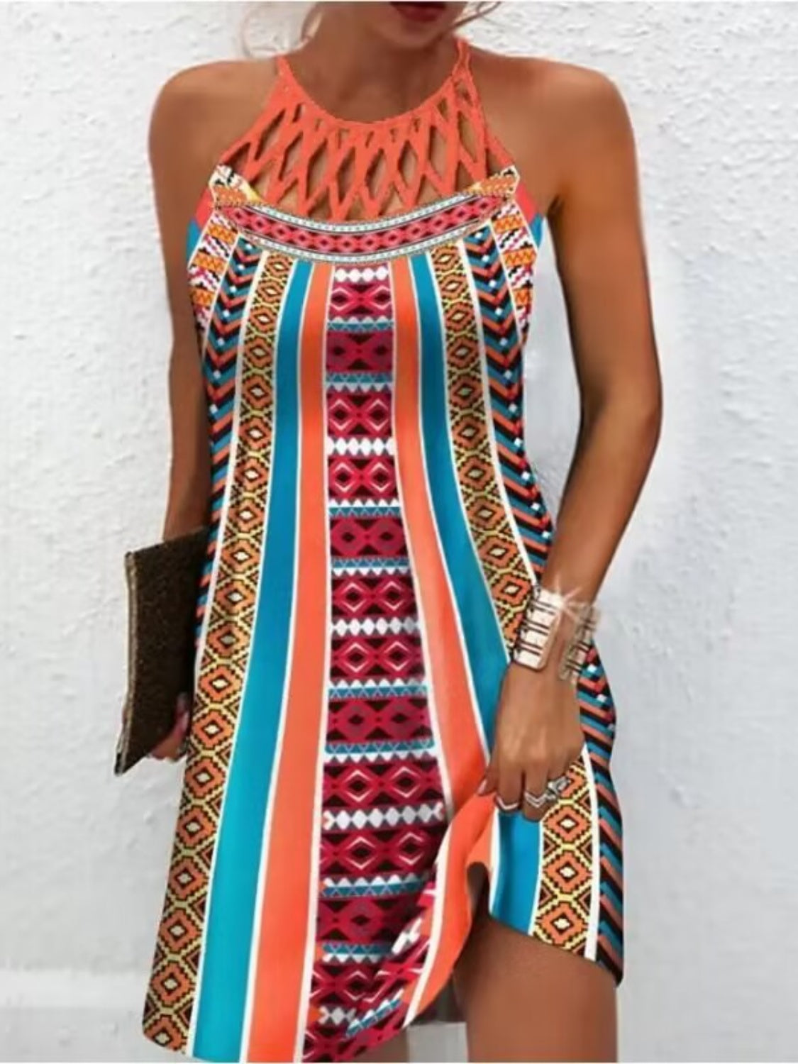 Printed Grecian Neck Mini Dress - Taboochic