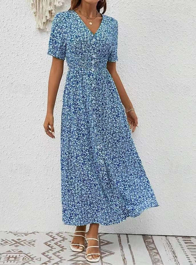 Summer New V-neck Printed Short Sleeve Split Dress