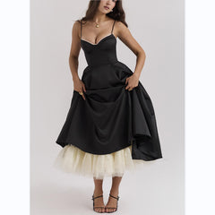 Women's V-neck Brace Sleeveless Dress Puffy Strap Maxi Dress