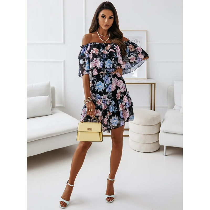 Women's Fashion Casual Off-neck Chiffon Printed Waist Mini Short Sleeve Dress