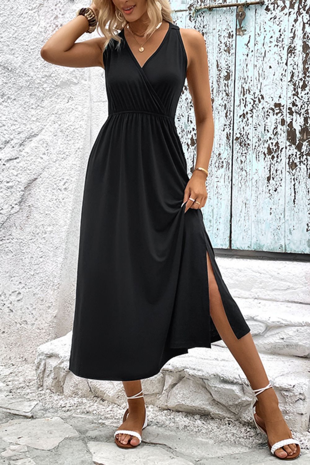 Surplice Neck Slit Sleeveless Dress - Taboochic