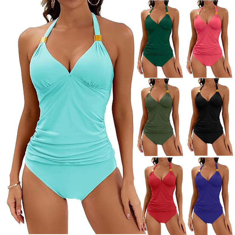 Women's Pure Color Split Tie Two Piece Swimsuit