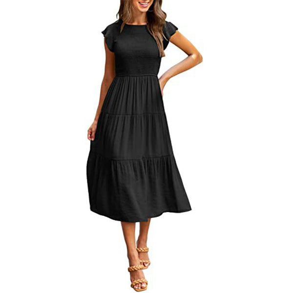 Holiday Style High Waist Ruffled Sleeve A-line Short Sleeve Midi Dress