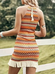 Full Size Fringe Grecian Neck Dress - Taboochic