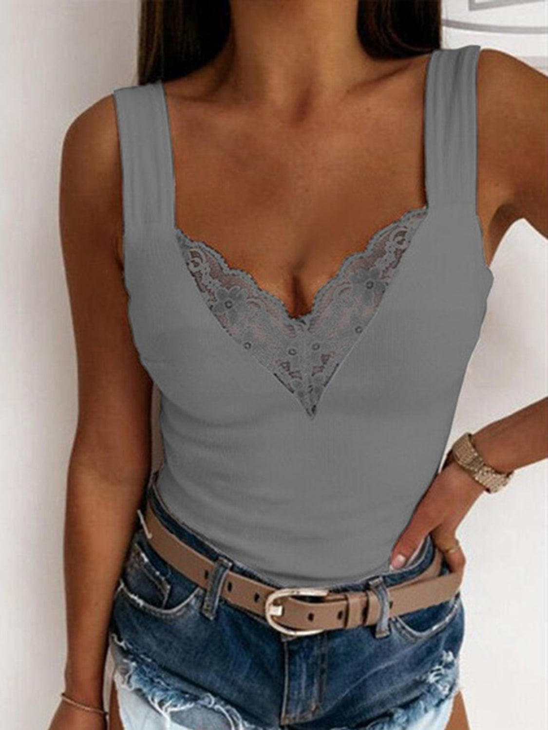 Full Size Lace Detail Sweetheart Neck Tank - Taboochic