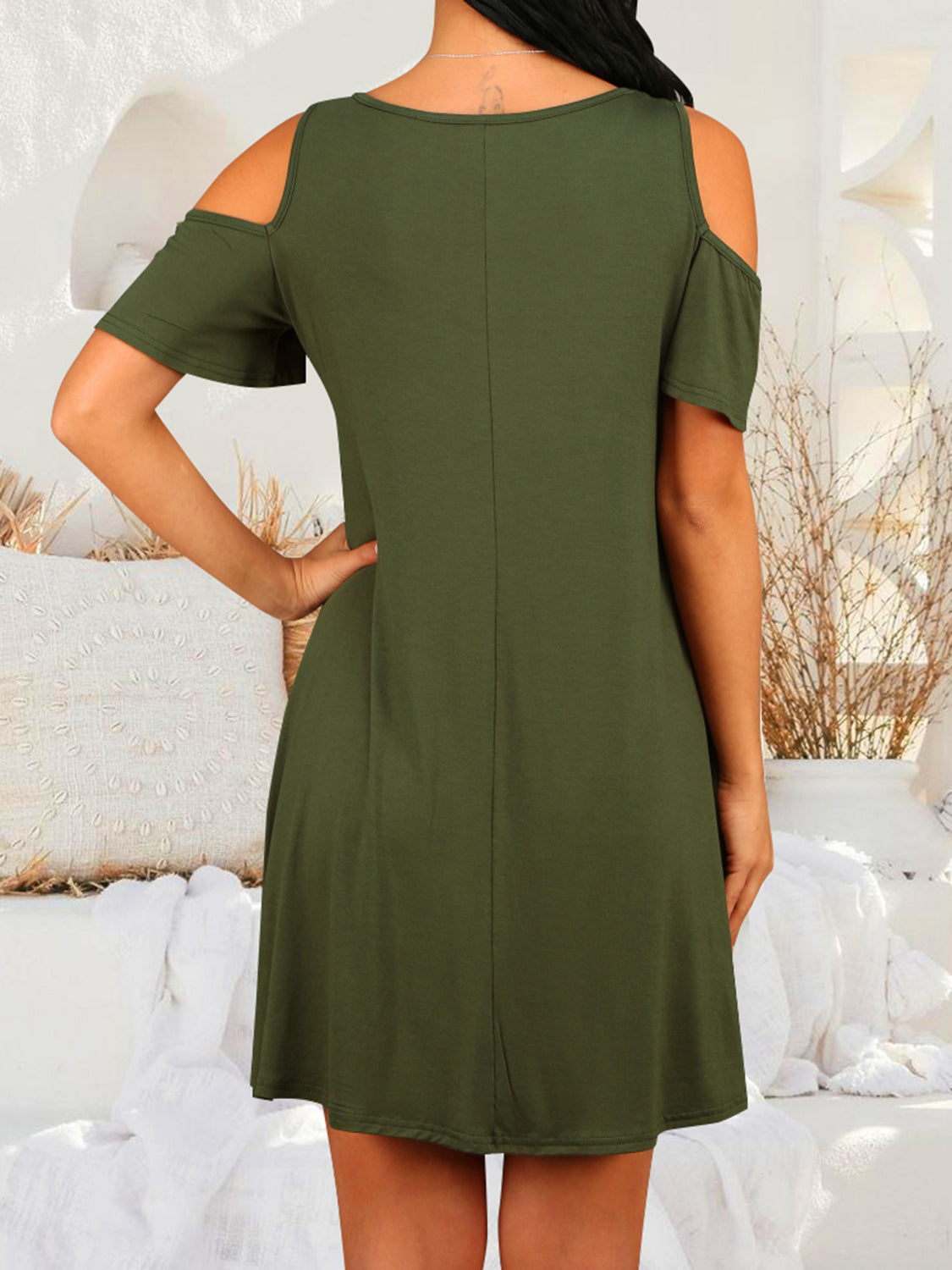 Round Neck Cold Shoulder Short Sleeve Dress - Taboochic