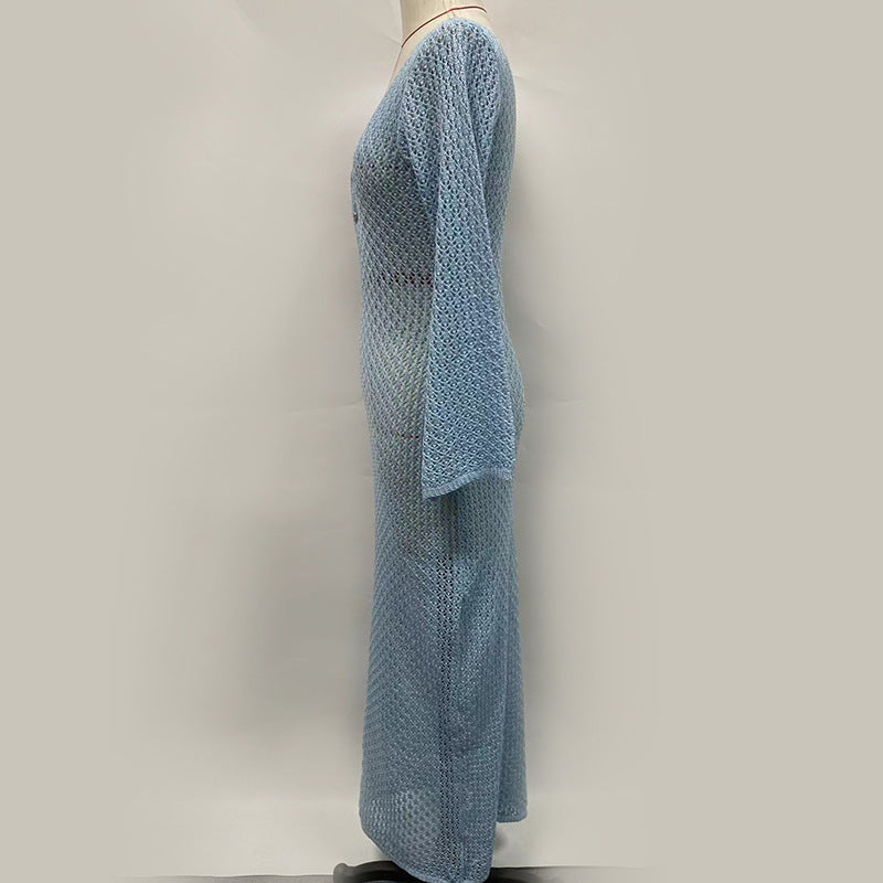 Solid Color Knitted Hollow-out Blouse Sun-proof Long Sleeve Dress
