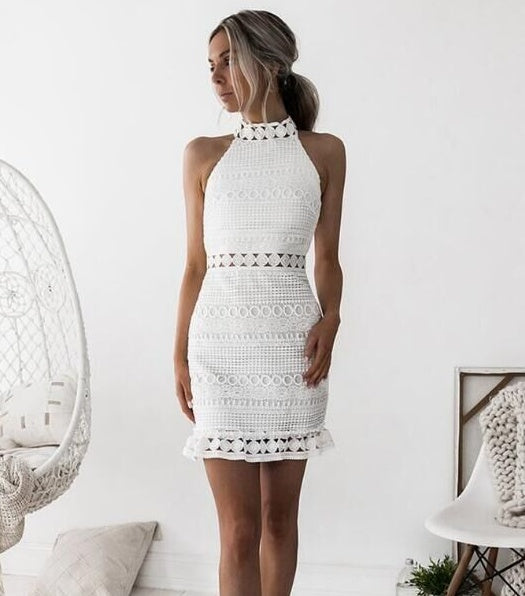 Amazon''s Water Soluble Crocheted Sleeveless Hip Sexy High-necked Lace Mini Dress