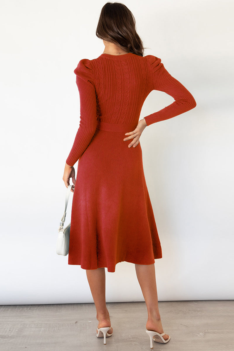 Round Neck Long Sleeve Tie Waist Sweater Dress - Taboochic