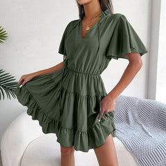 Female Flounced Skirt Ribbon Big Hem A- Line Skirt Solid Color Short Sleeve Mini Dress