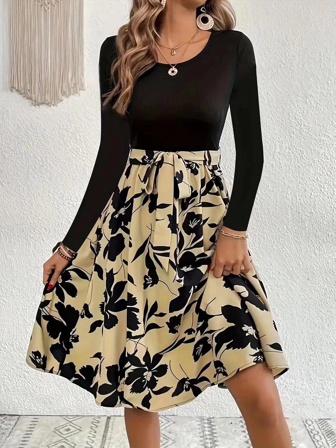 Floral Print Long Sleeve Dress Fashion Round Neck Tie Slim Dress