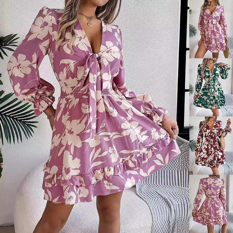 New Floral Printed V-Neck Long Sleeve Mini Dress