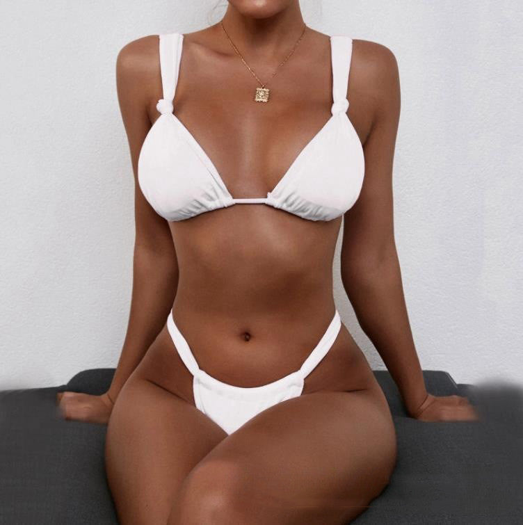 Bikini Pleated Split Strap Pure Color And Knotted Bikini Set