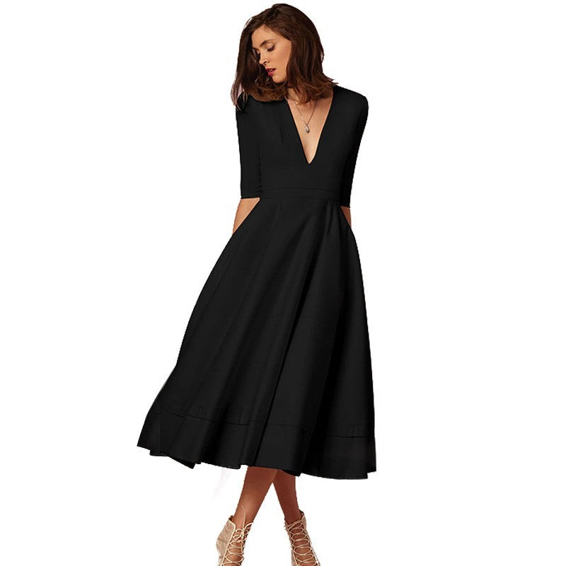 V-neck Dresses - Retro 60s Swing Short Sleeve Maxi Dress