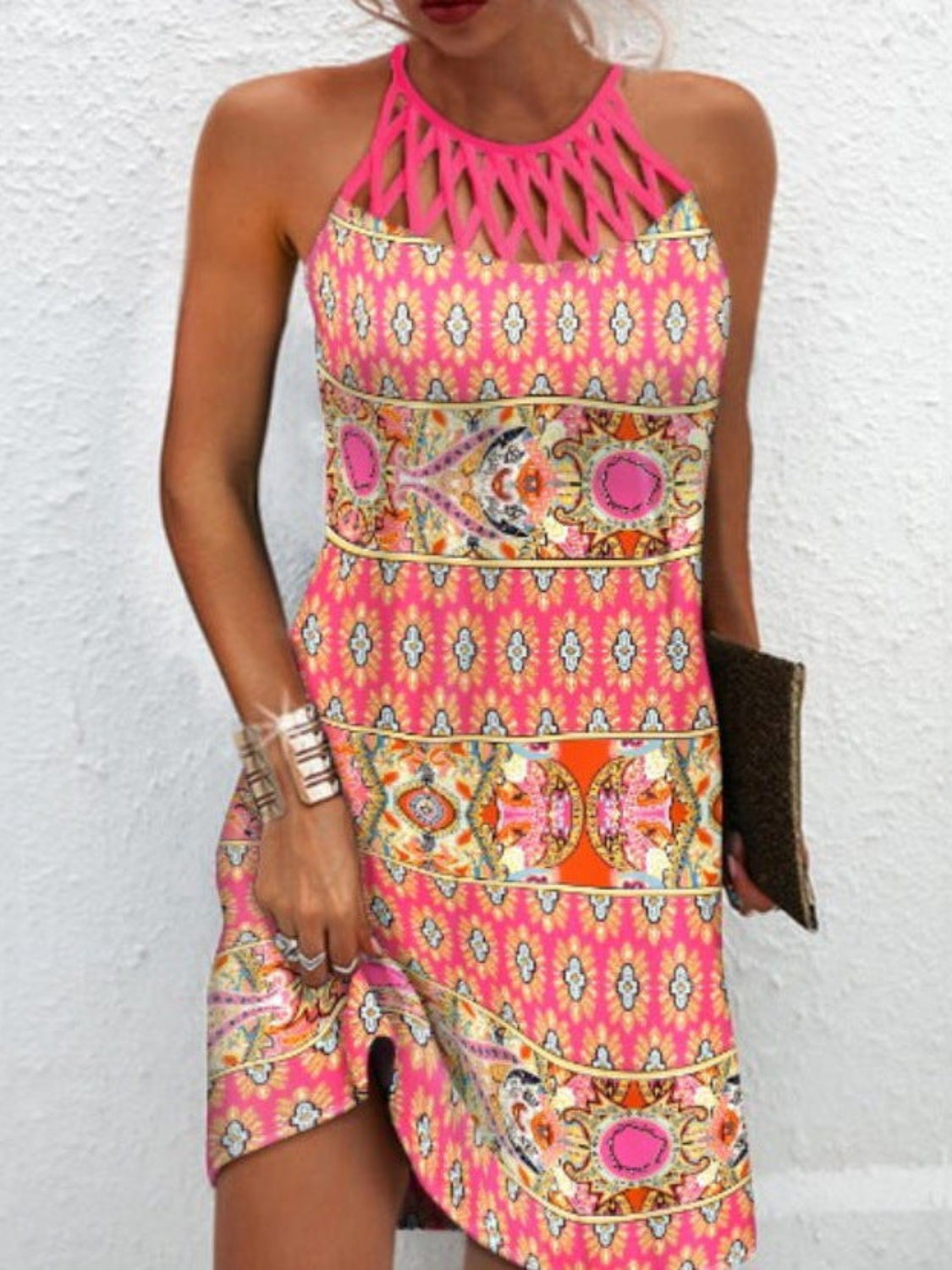 Printed Grecian Neck Mini Dress - Taboochic