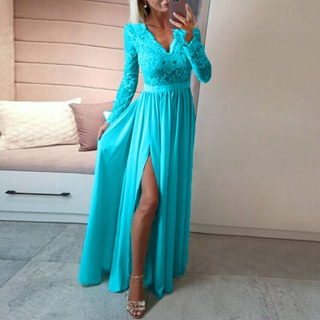 Women V-neck Sexy Lace Elegant Wedding Party Long Sleeve Dress