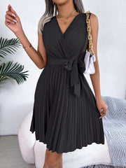 Tied Surplice Sleeveless Pleated Dress - Taboochic