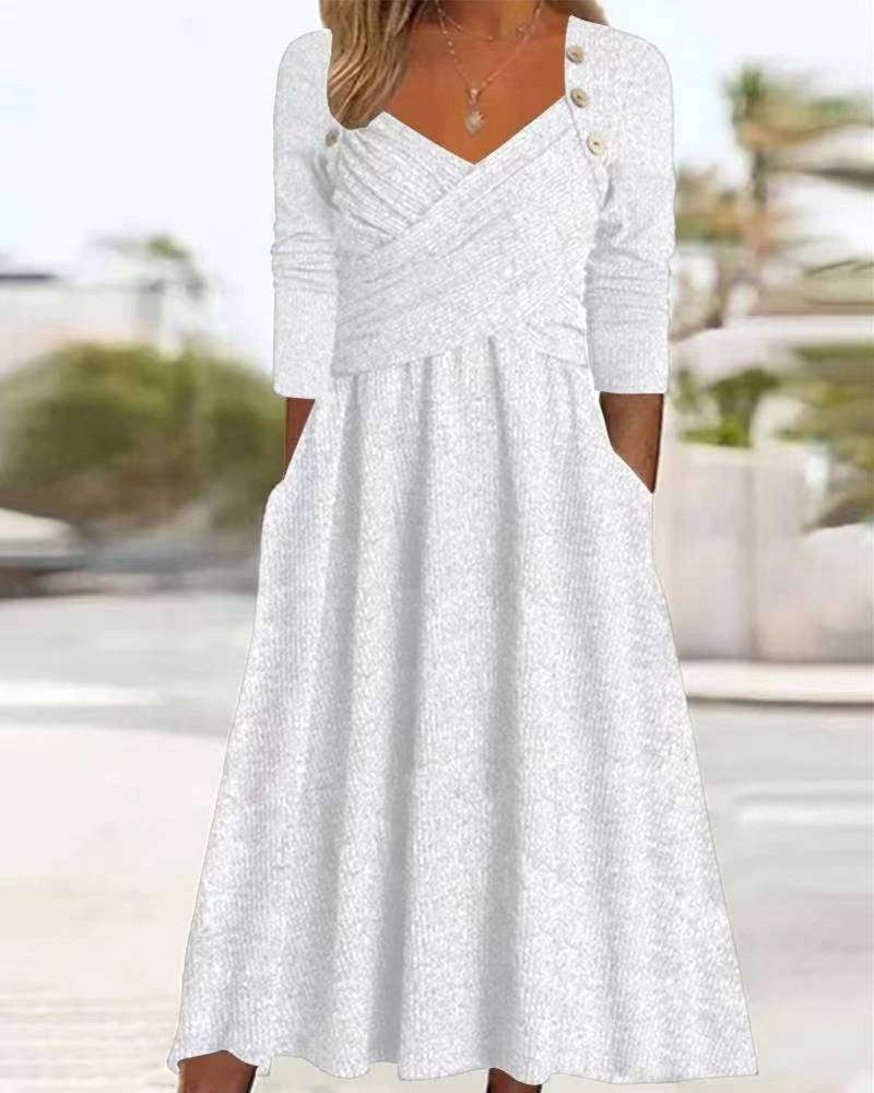 Women's Casual Loose Cross Button Solid Color Long Sleeve Dress