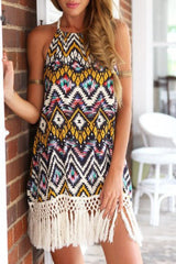 Full Size Tassel Printed Halter Neck Mini Dress - Taboochic