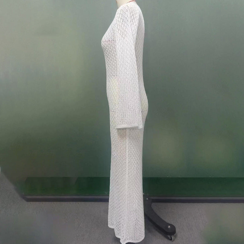 Solid Color Knitted Hollow-out Blouse Sun-proof Long Sleeve Dress