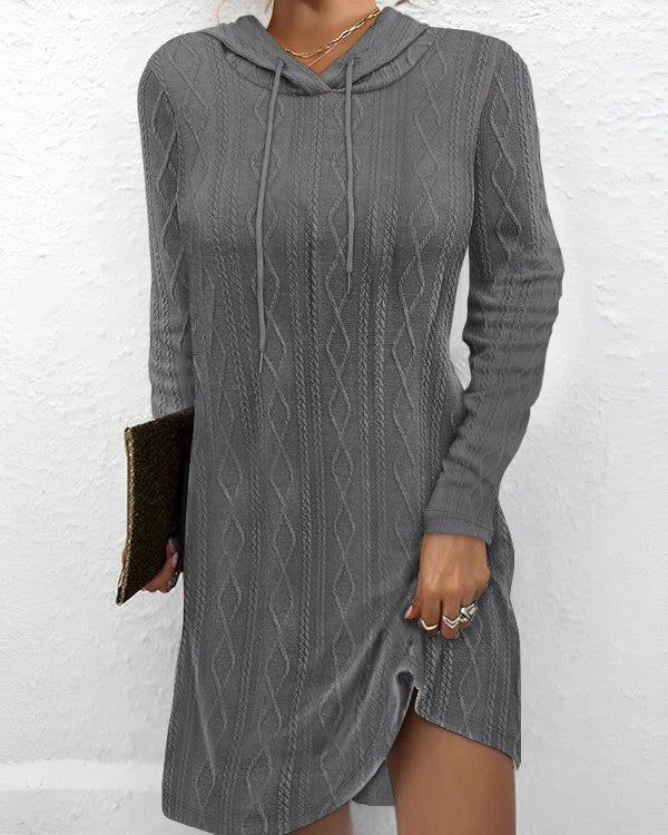 Long Sleeve Hooded Pullover Knitted Mini Dress For Women