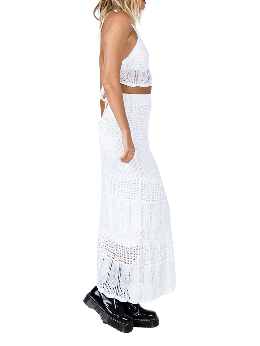 Top High Waist Skirt Two-piece Summer Knitted Beach Vacation Suit