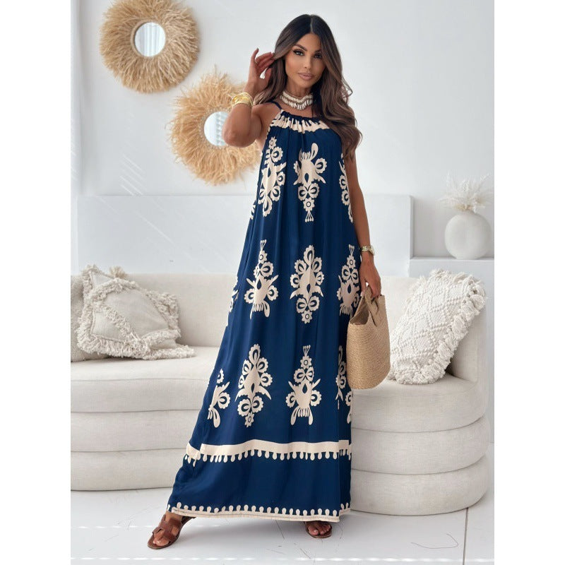 European And American Ladies Fashion Printing Slip Maxi Dress