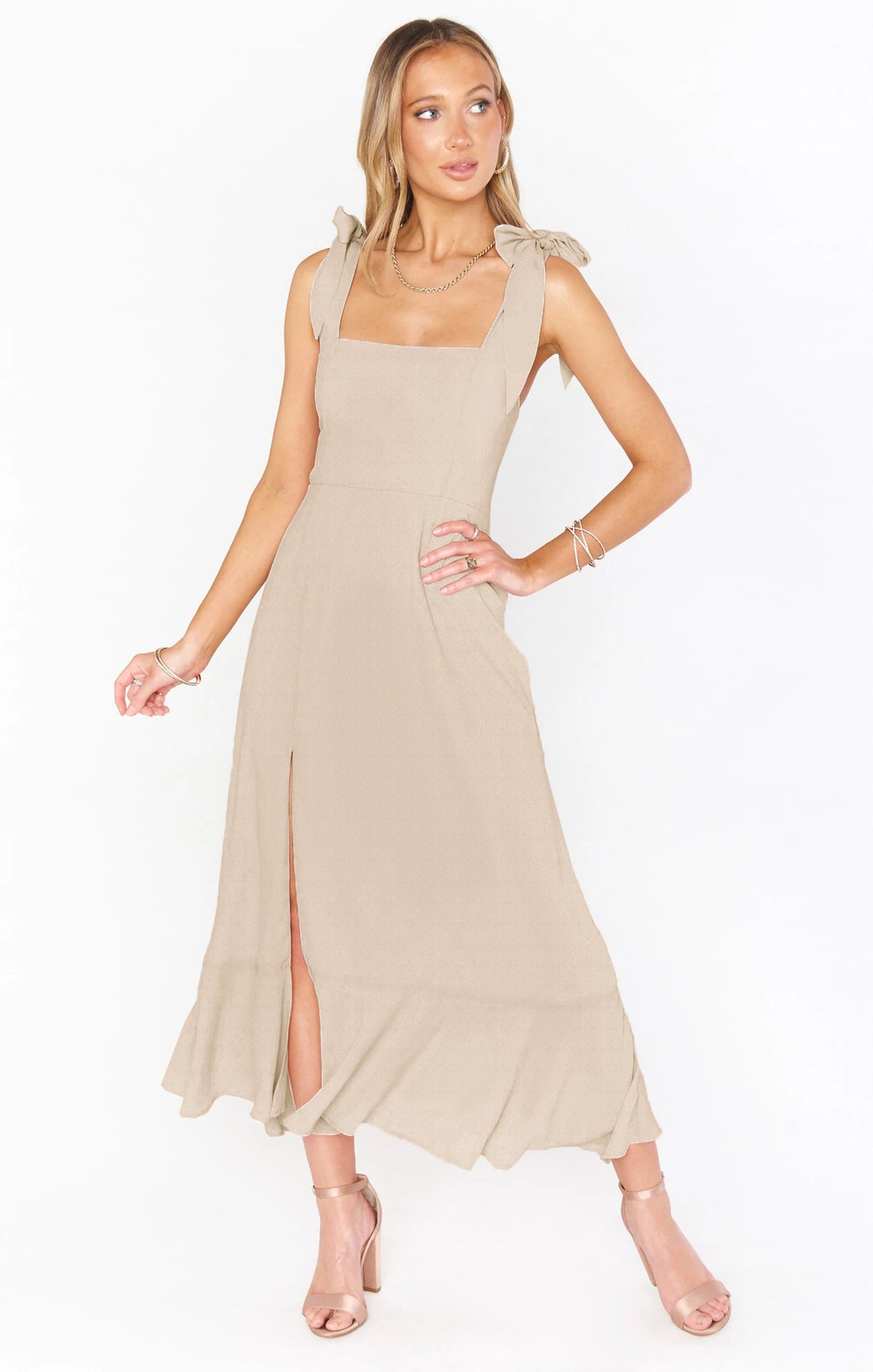 Summer Elegant Bridesmaid Square Neck Ruffle Split Midi Formal Dress