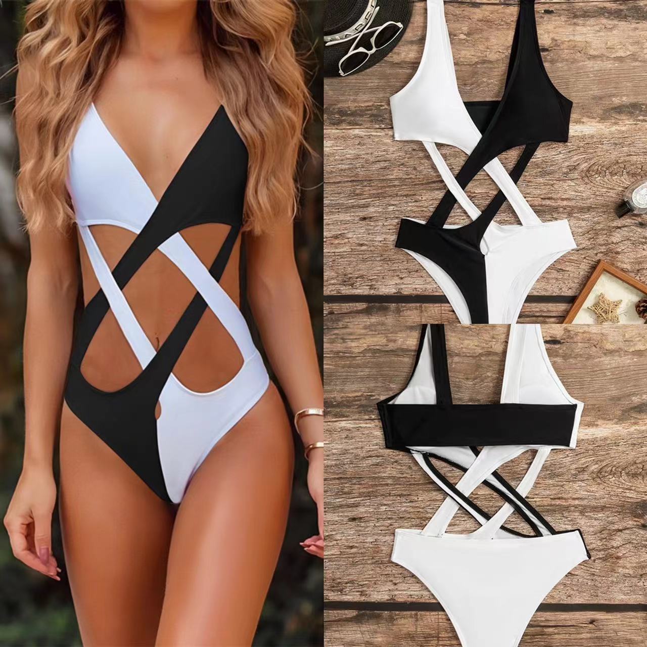 Women's Versatile Casual Color Blocking Hollow Out One Piece Swimsuit