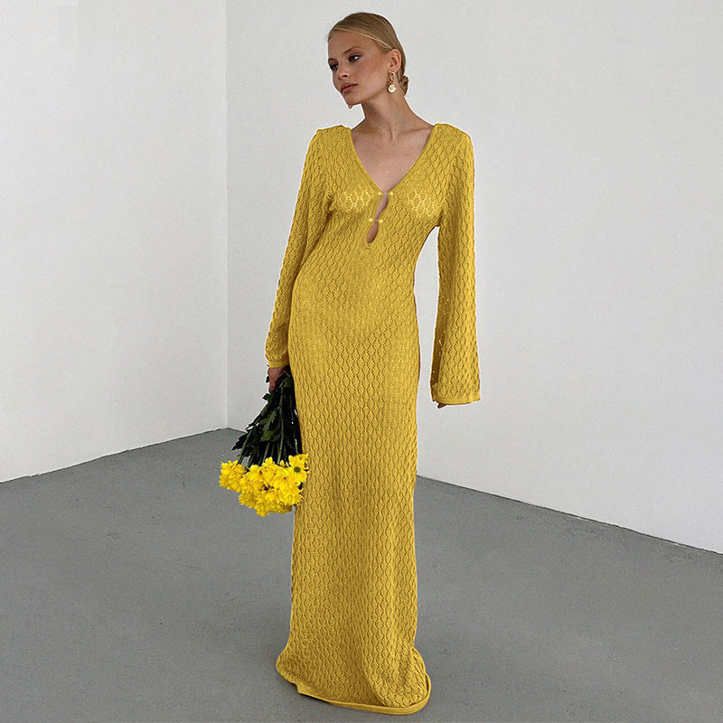 Solid Color Knitted Hollow-out Blouse Sun-proof Long Sleeve Dress