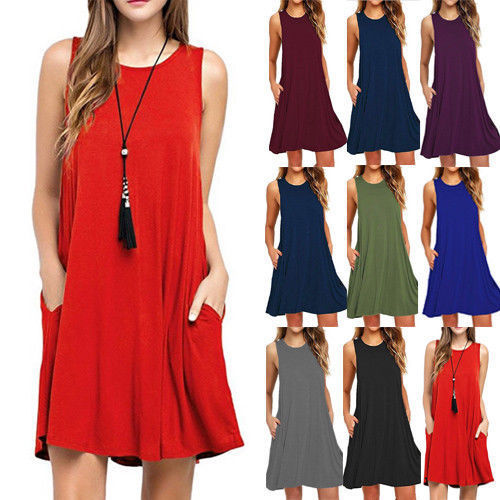 Summer Women Casual Pocket Sleeveless Midi Dress