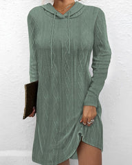Long Sleeve Hooded Pullover Knitted Mini Dress For Women