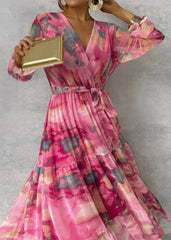 Elegant Drawstring Patchwork Big Swing Chiffon Dress